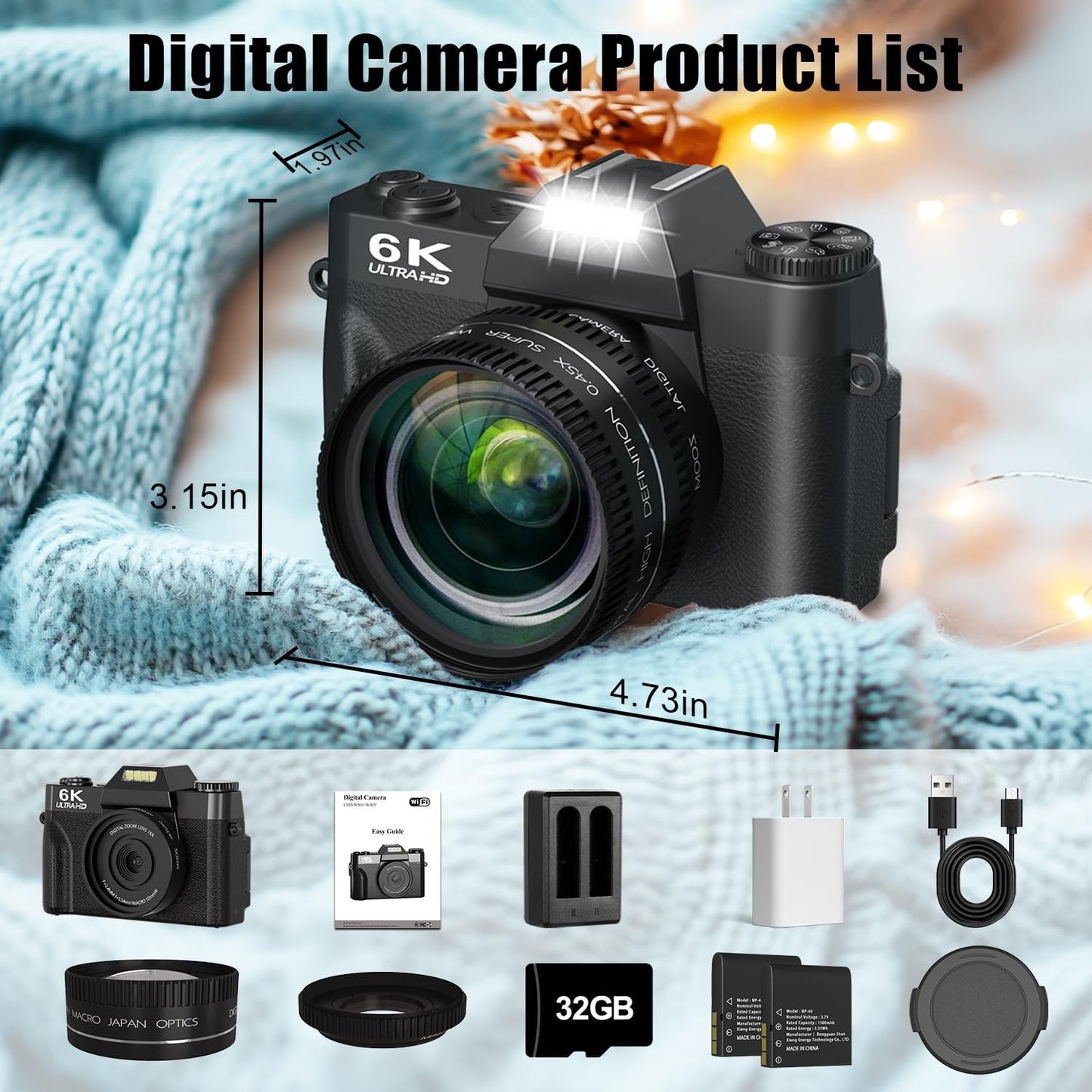 6K Digital Camera for Photography, 64MP Vlogging Camera for Youtube with 3" 180° Flip Screen, 16X Zoom Autofocus Compact Travel Beauty Cameras for Teens, with 32GB Micro SD Card