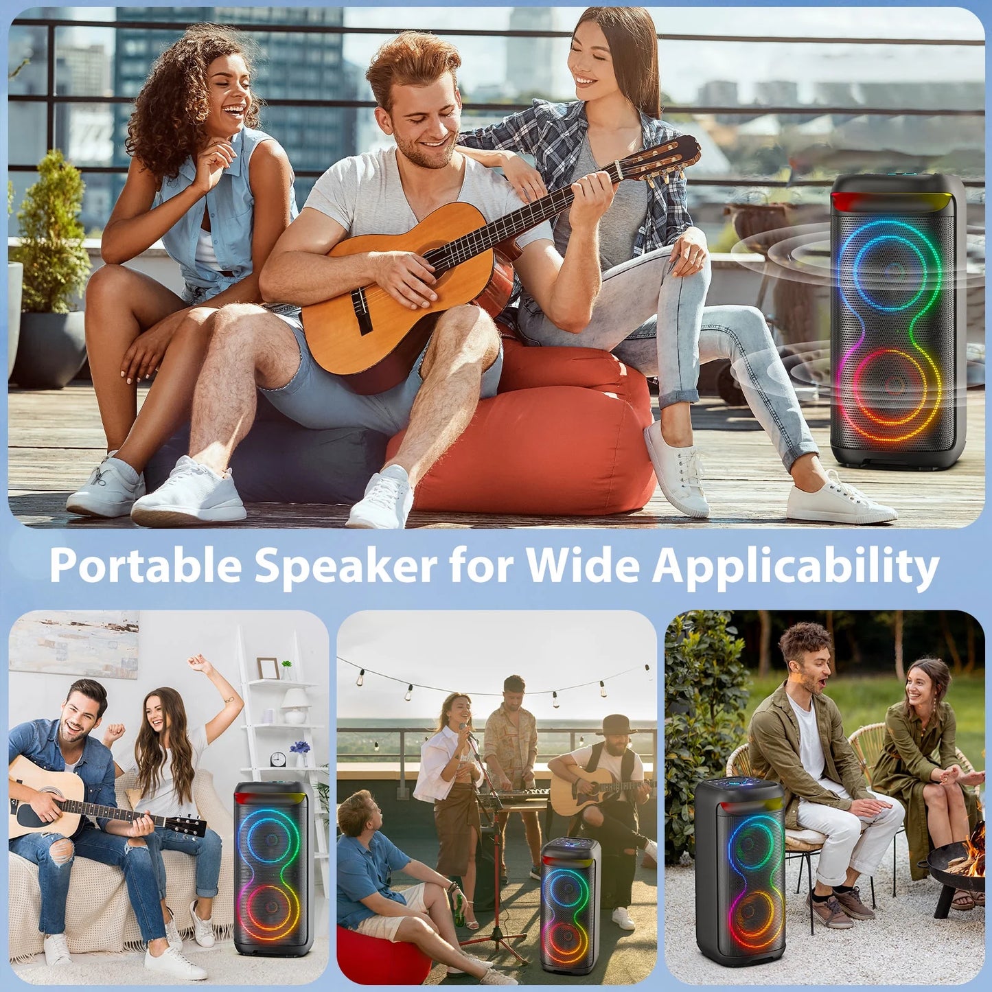 Large Party Speaker, Bluetooth Speaker with LED Light, Two 6.5'' Subwoofer Loud Speaker, T20