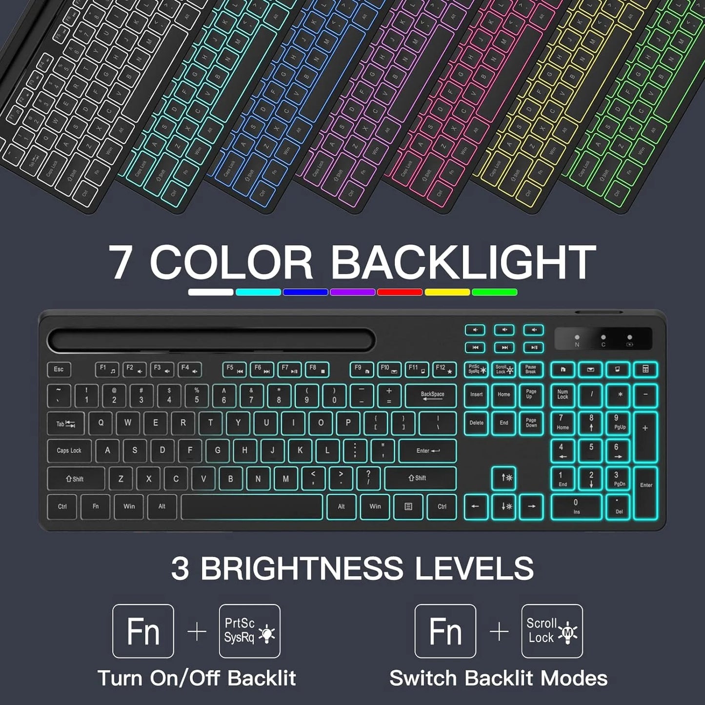 Wireless Keyboard with 7-Color RGB Backlit, Full-Size Computer Keyboard with Phone Tablet Holder, Rechargeable 2.4G Wireless Gaming Keyboard with Light up Keys, Compatible with Mac,Window,Black