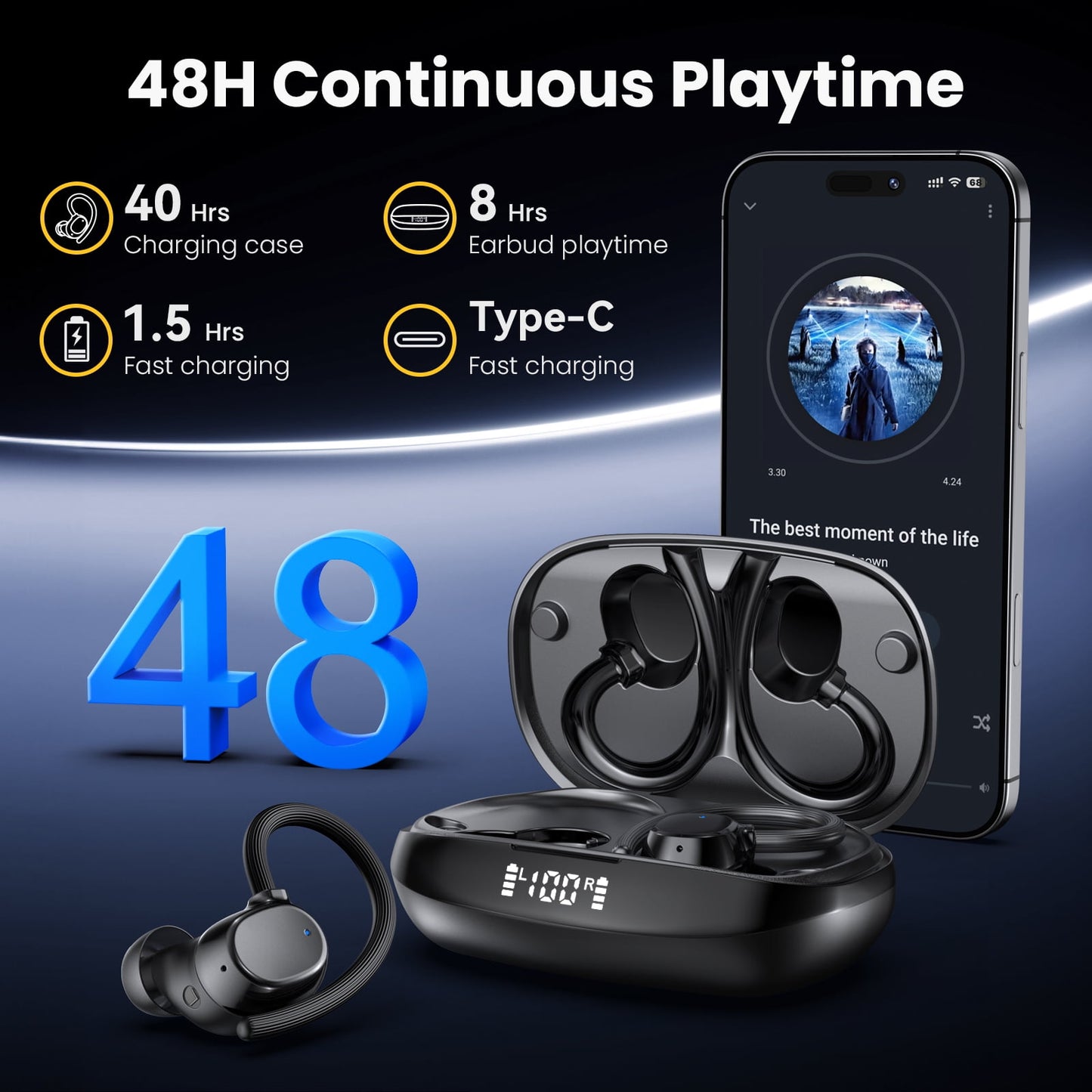 Wireless Earbuds: 48H Play Back Sport Bluetooth Headphones with LED Display Over-Ear Buds with Earhooks Built-In Mic Headset for Workout Sport, Black