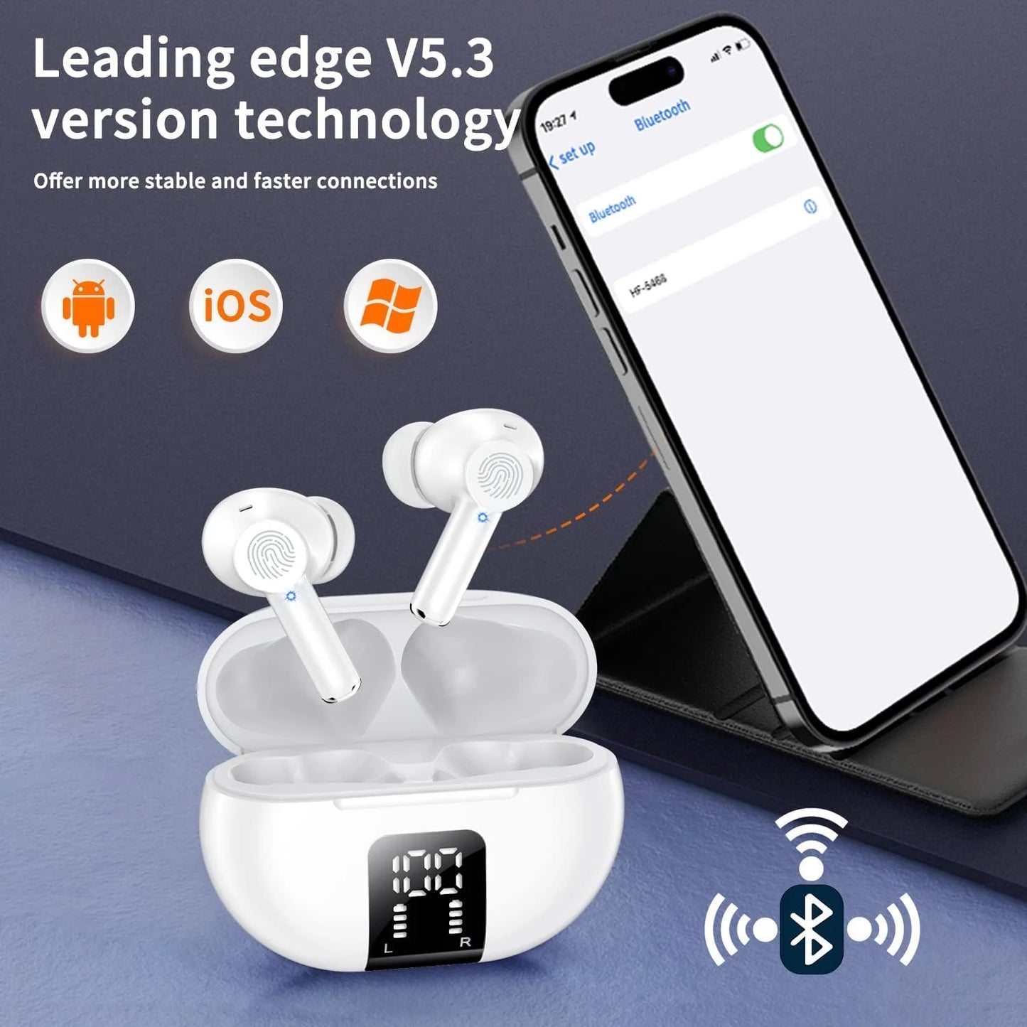 Bluetooth Headphones Wireless Earbuds Bluetooth Headset with Microphone Touch Control , IPX7 Waterproof, High-Fidelity Stereo Earphones for Sports and Work,Compatible with Iphone 13 Pro Max