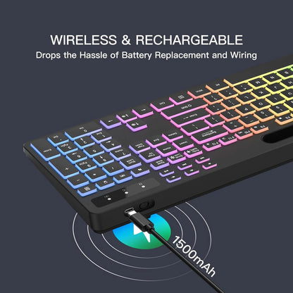 Wireless Keyboard with 7-Color RGB Backlit,  Full-Size Computer Keyboard with Phone Tablet Holder, Rechargeable 2.4G Wireless Gaming Keyboard with Light up Keys, Compatible with Mac,Window,Black