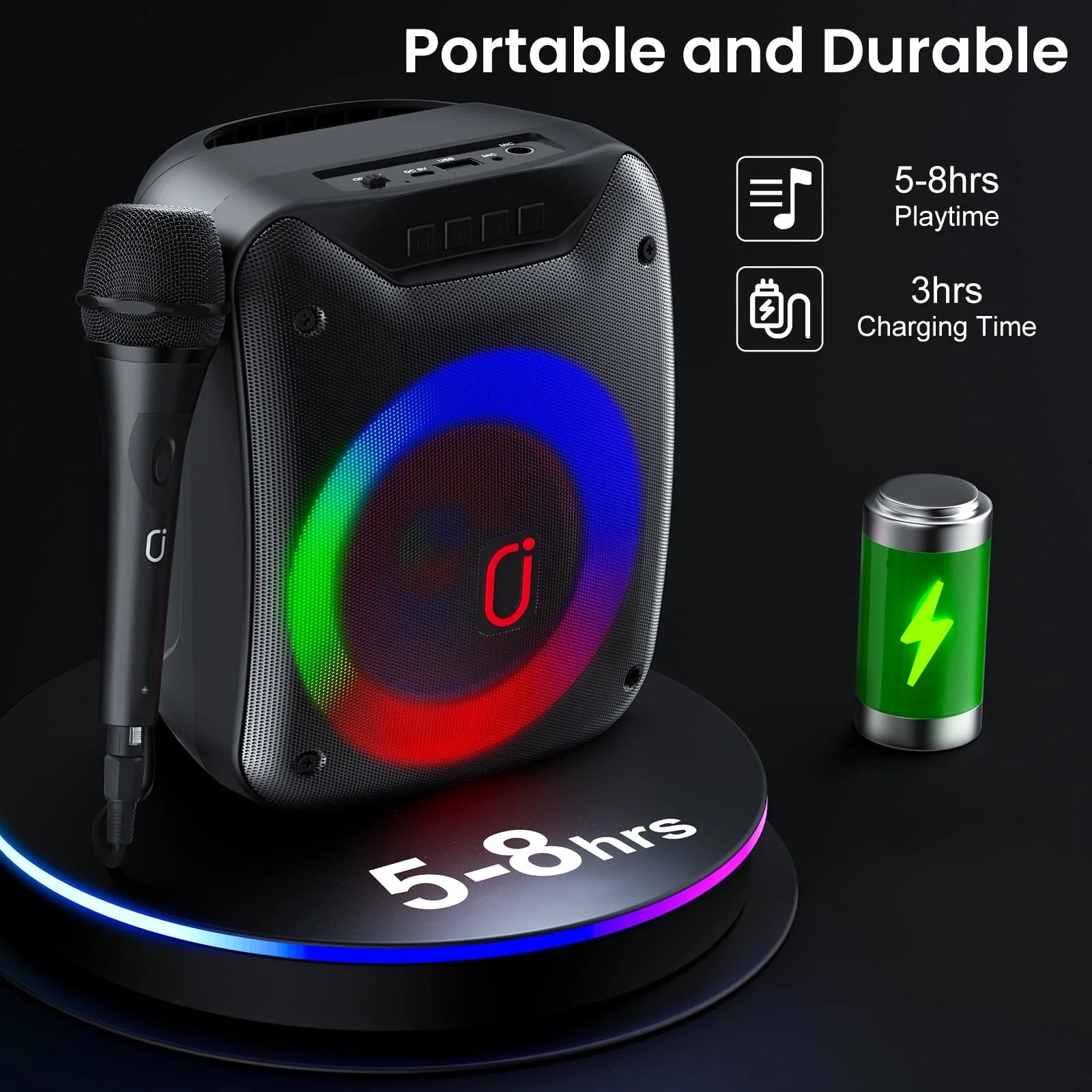 Bluetooth Speaker, Portable Wireless Speaker with Microphone & LED Light, Outdoor Party Speaker, D18