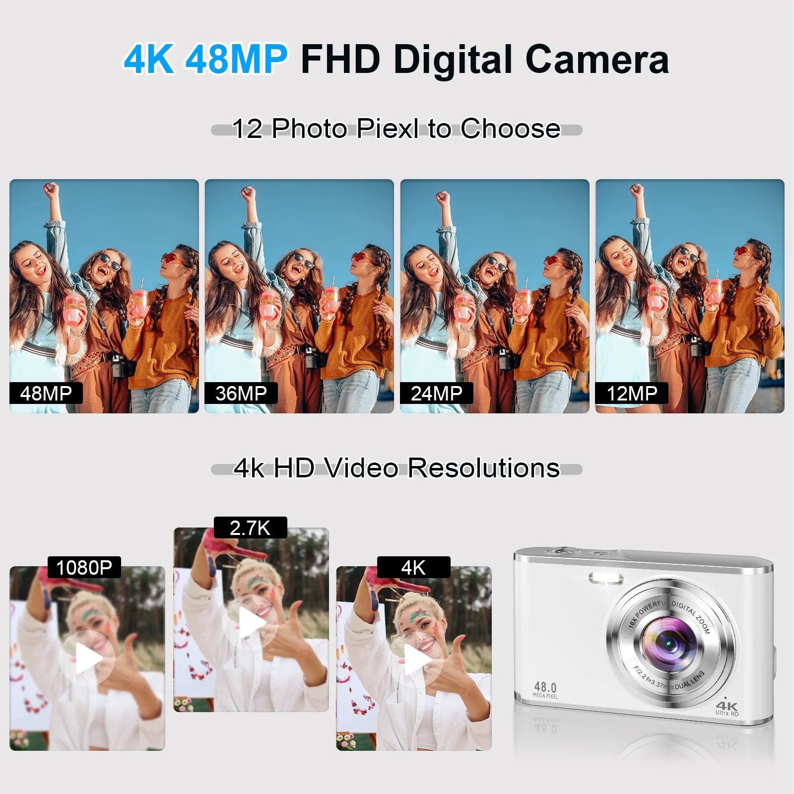 4K Digital Camera with Autofocus Front and Rear Cameras with 32GB Card 48MP Vlogging Camera for Youtube,White