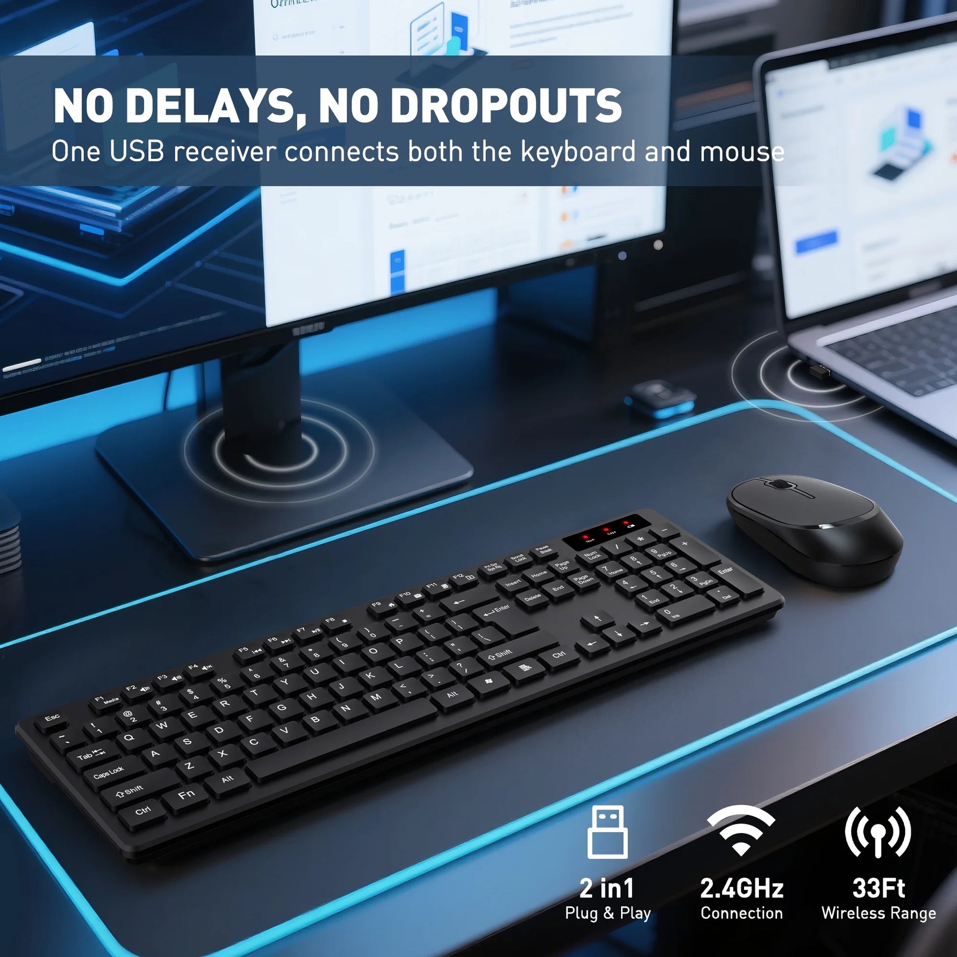 Wireless Keyboard and Mouse Combo - Ergonomic Silent Design, 12 Shortcut Keys, 2.4Ghz Full-Sized for Windows/Mac/Pc/Laptop, Black