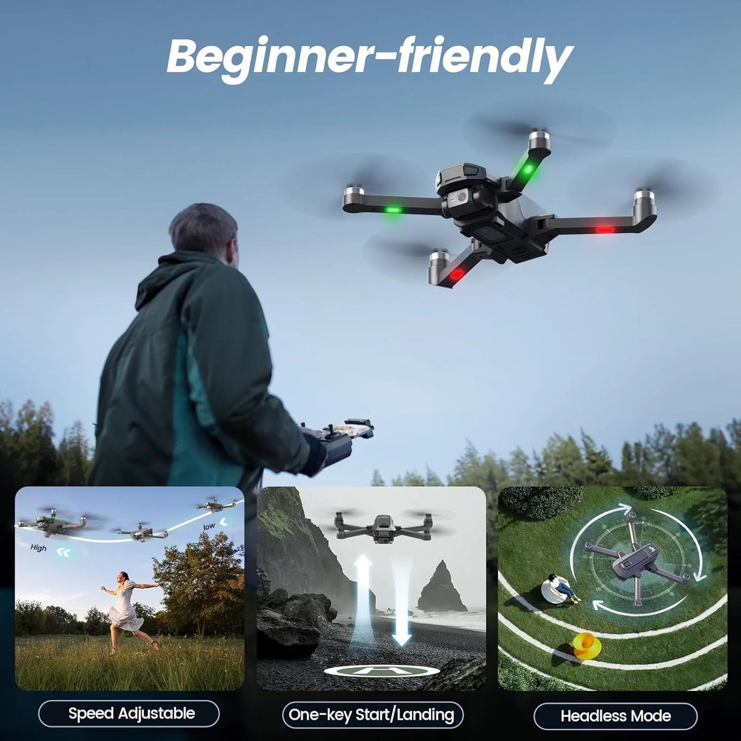 WF30 GPS Drones with Camera for Adults 4K, 5G Wi-Fi Foldable RC Quadcopter, 2 Batteries, Black