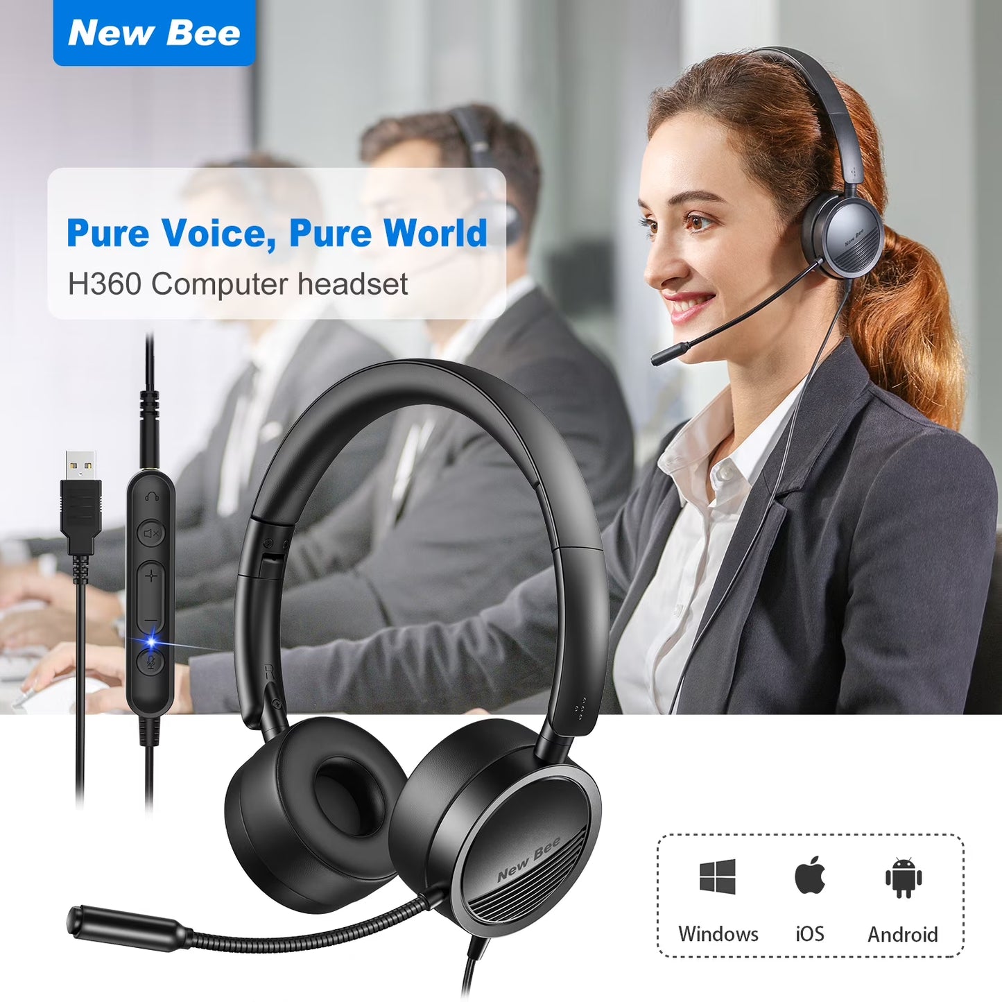 (2 Pack)  USB Office Computer Headset with In-Line Volume Control Noise Cancelling Microphone