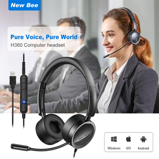 (2 Pack)  USB Office Computer Headset with In-Line Volume Control Noise Cancelling Microphone