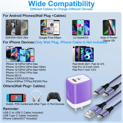 Usb C Fast Charger Block, Type C Charger Fast Charging PD 20W QC3.0 Super Fast Android Phone Charger Block Usb C with 2PACK 6Ft USB C Charger Cable for Samsung,Purple