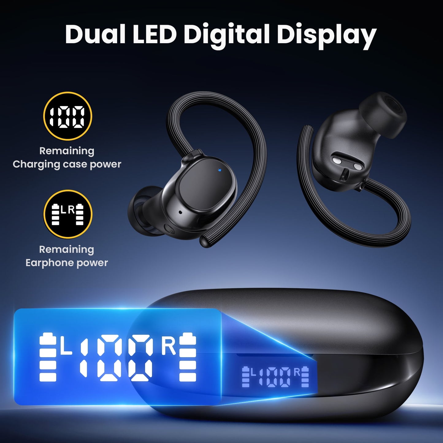 Wireless Earbuds: 48H Play Back Sport Bluetooth Headphones with LED Display Over-Ear Buds with Earhooks Built-In Mic Headset for Workout Sport, Black