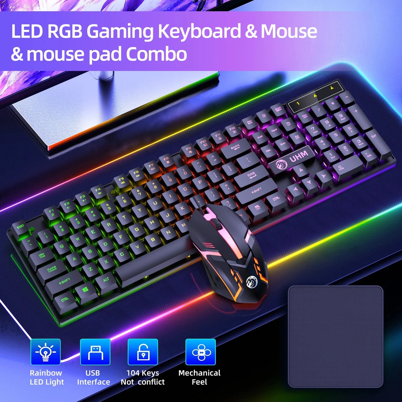 Wired Gaming Keyboard and Mouse Combo,Rgb Backlit Mechanical Feel Gaming Keyboard Mouse Set with 104 Keys,Usb Wired,Rgb Lights for Windows PC Gamers Desktop Computer Laptop