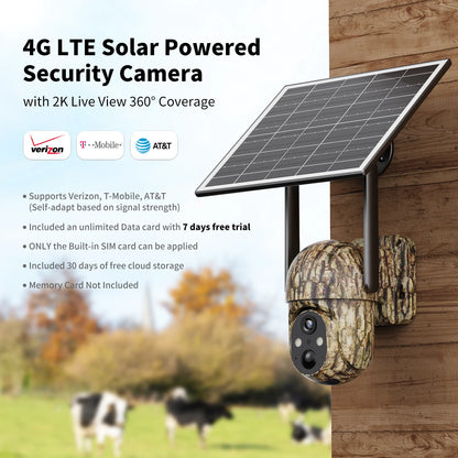 4G LTE Solar Cellular Trail Camera, 2K HD Wildlife Deer Game Hunting Camera with Color Night Vision, PIR Motion Detection, 360° PTZ View, Outdoor Security