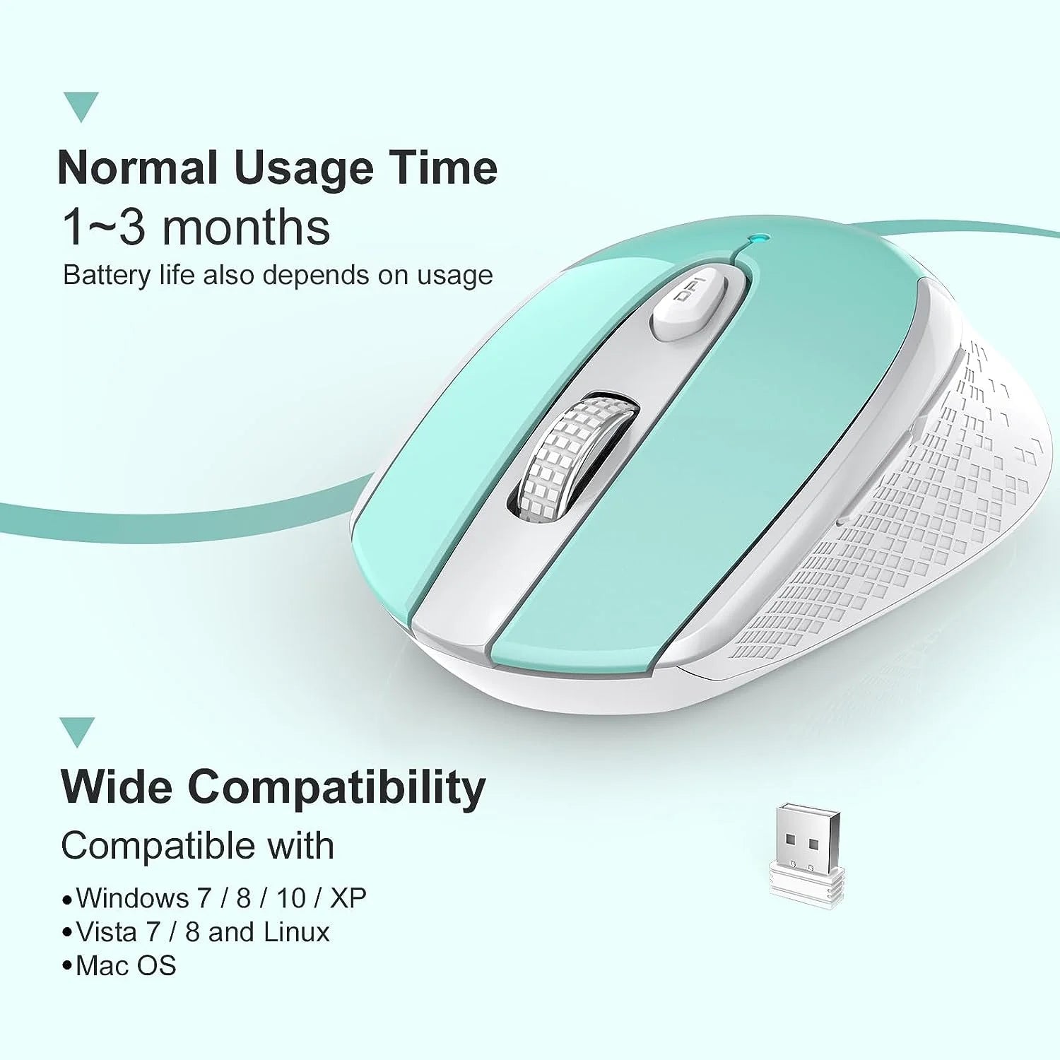 Computer Mouse Wireless,  2.4G Ergonomic Optical Mouse, Computer Mouse for Laptop, PC, Computer, Chromebook, Notebook, Auto-Sleep Mode, USB Receiver, 6 Buttons, 3 Adjustment DPI, Blue