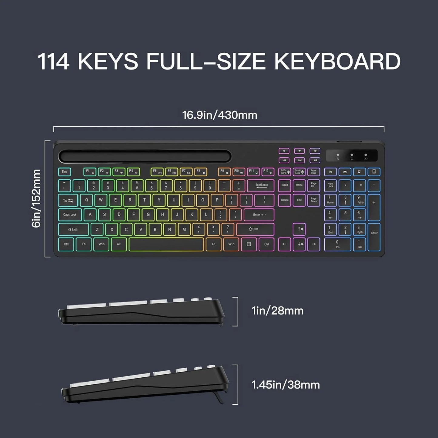 Wireless Keyboard with 7-Color RGB Backlit,  Full-Size Computer Keyboard with Phone Tablet Holder, Rechargeable 2.4G Wireless Gaming Keyboard with Light up Keys, Compatible with Mac,Window,Black