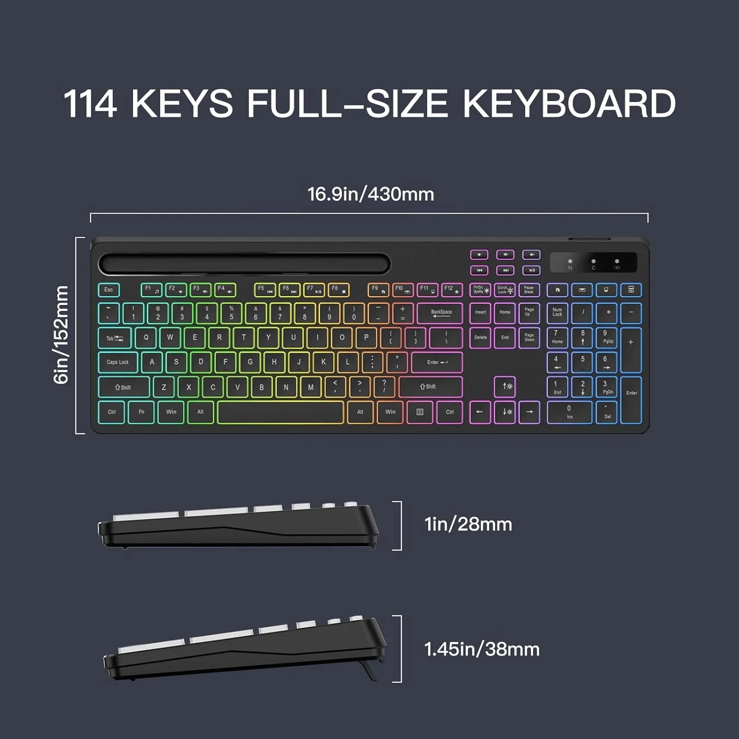 Wireless Keyboard with 7-Color RGB Backlit,  Full-Size Computer Keyboard with Phone Tablet Holder, Rechargeable 2.4G Wireless Gaming Keyboard with Light up Keys, Compatible with Mac,Window,Black