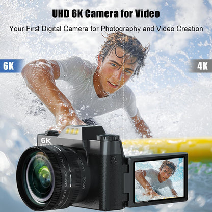 6K Digital Camera for Photography, 64MP Vlogging Camera for Youtube with 3" 180° Flip Screen, 16X Zoom Autofocus Compact Travel Beauty Cameras for Teens, with 32GB Micro SD Card