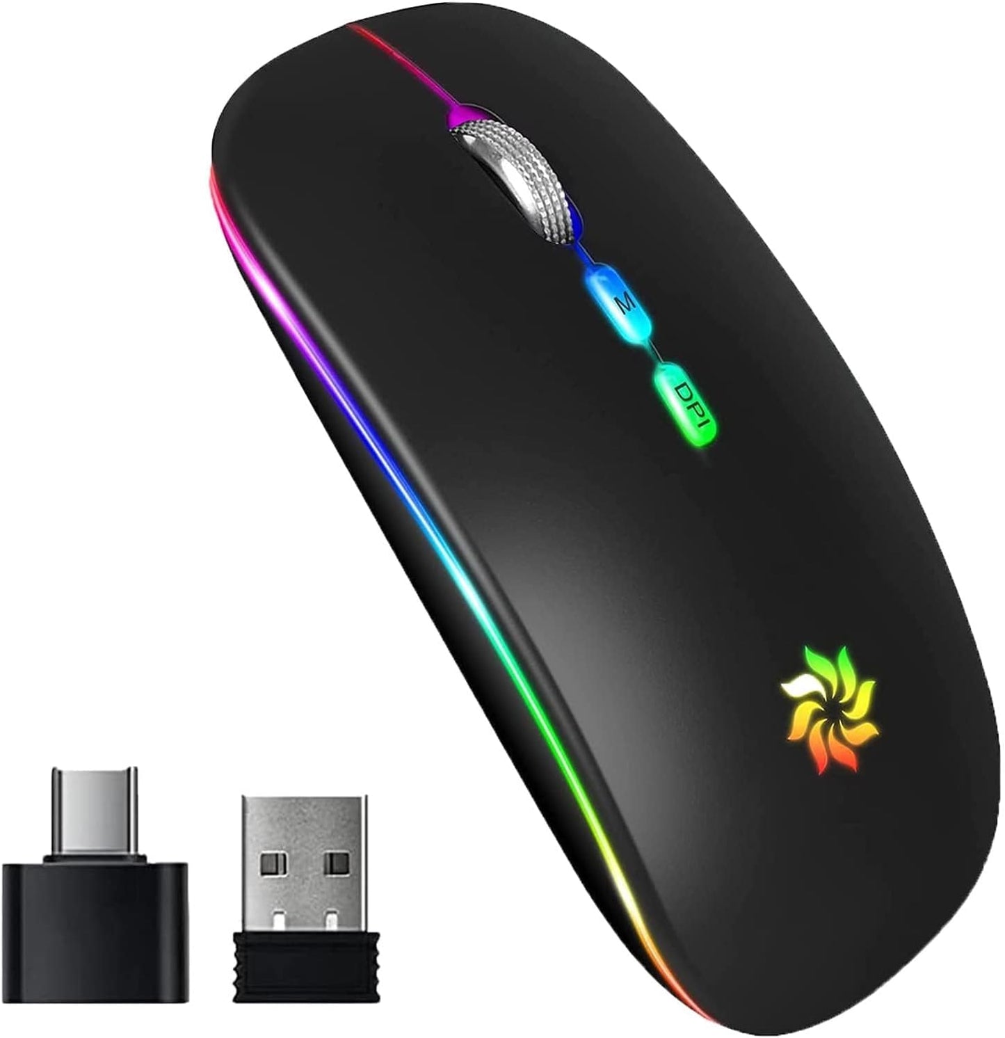 Wireless Mouse, LED Wireless Mouse for Laptop, Slim Silent Mouse 2.4G Rechargeable Wireless Computer Mouse for Laptop, Macbook, Ipad, Chromebook, with USB & Type-C Receiver