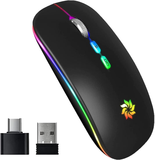 Wireless Mouse, LED Wireless Mouse for Laptop, Slim Silent Mouse 2.4G Rechargeable Wireless Computer Mouse for Laptop, Macbook, Ipad, Chromebook, with USB & Type-C Receiver