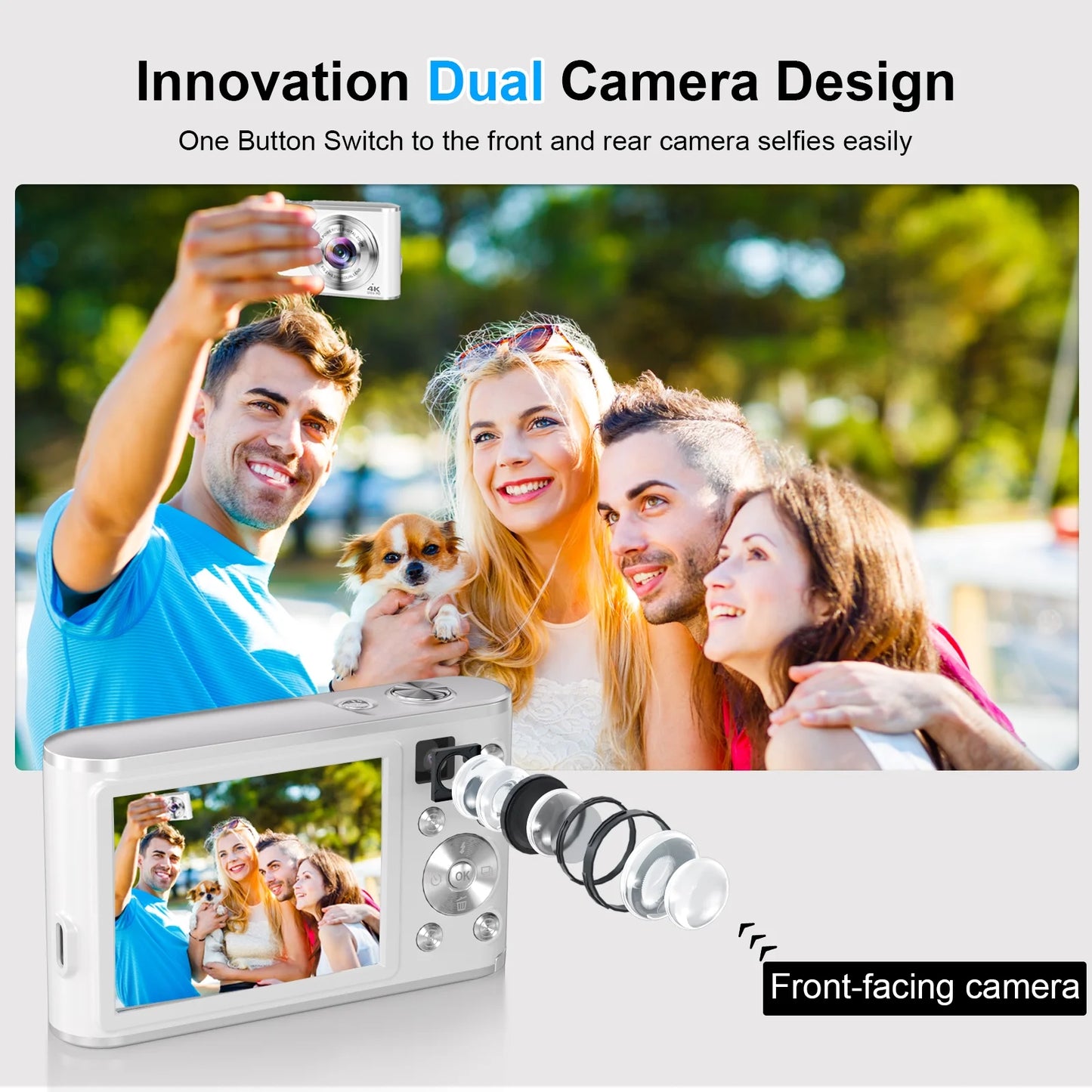 4K Digital Camera with Autofocus Front and Rear Cameras with 32GB Card 48MP Vlogging Camera for Youtube,White