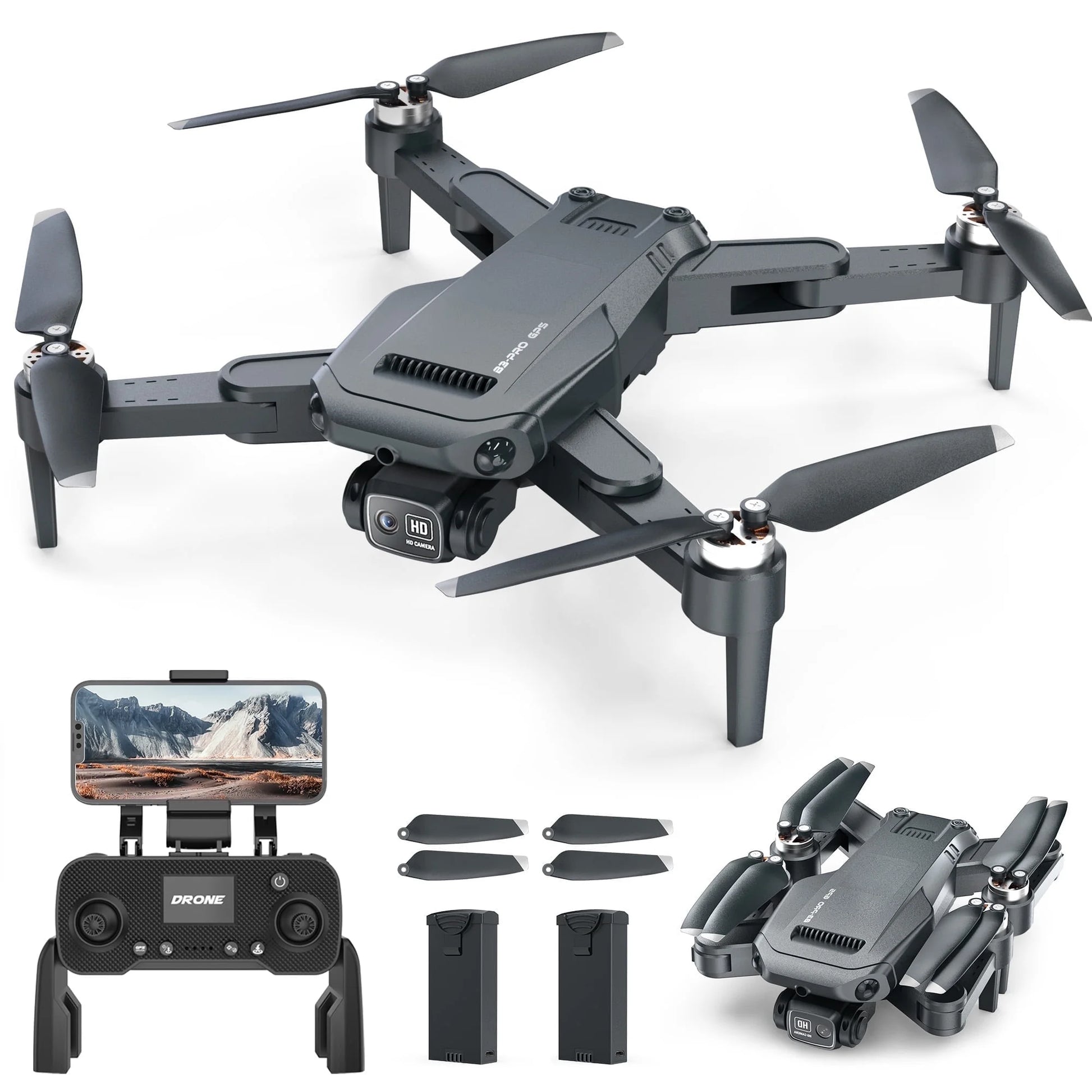 B3-PRO GPS Foldable Drone with 4K HD Camera for Adults, Brushless Motor, 2 Batteries, Black