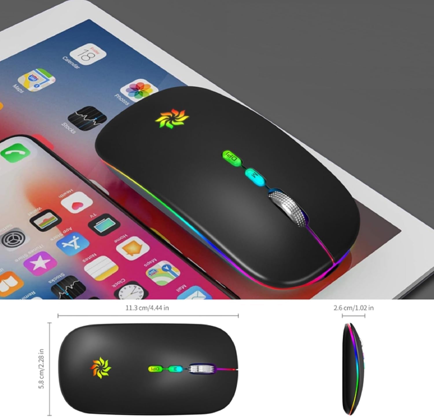 Wireless Mouse, LED Wireless Mouse for Laptop, Slim Silent Mouse 2.4G Rechargeable Wireless Computer Mouse for Laptop, Macbook, Ipad, Chromebook, with USB & Type-C Receiver