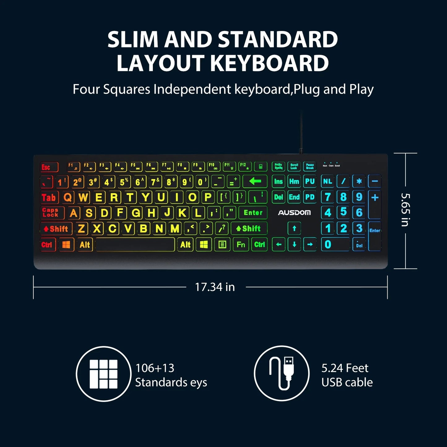 Large Print Backlit Computer Keyboard,Quiet Wired USB Full Size Keyboard,Oversize Letters Keys Easy to See and Type,Black