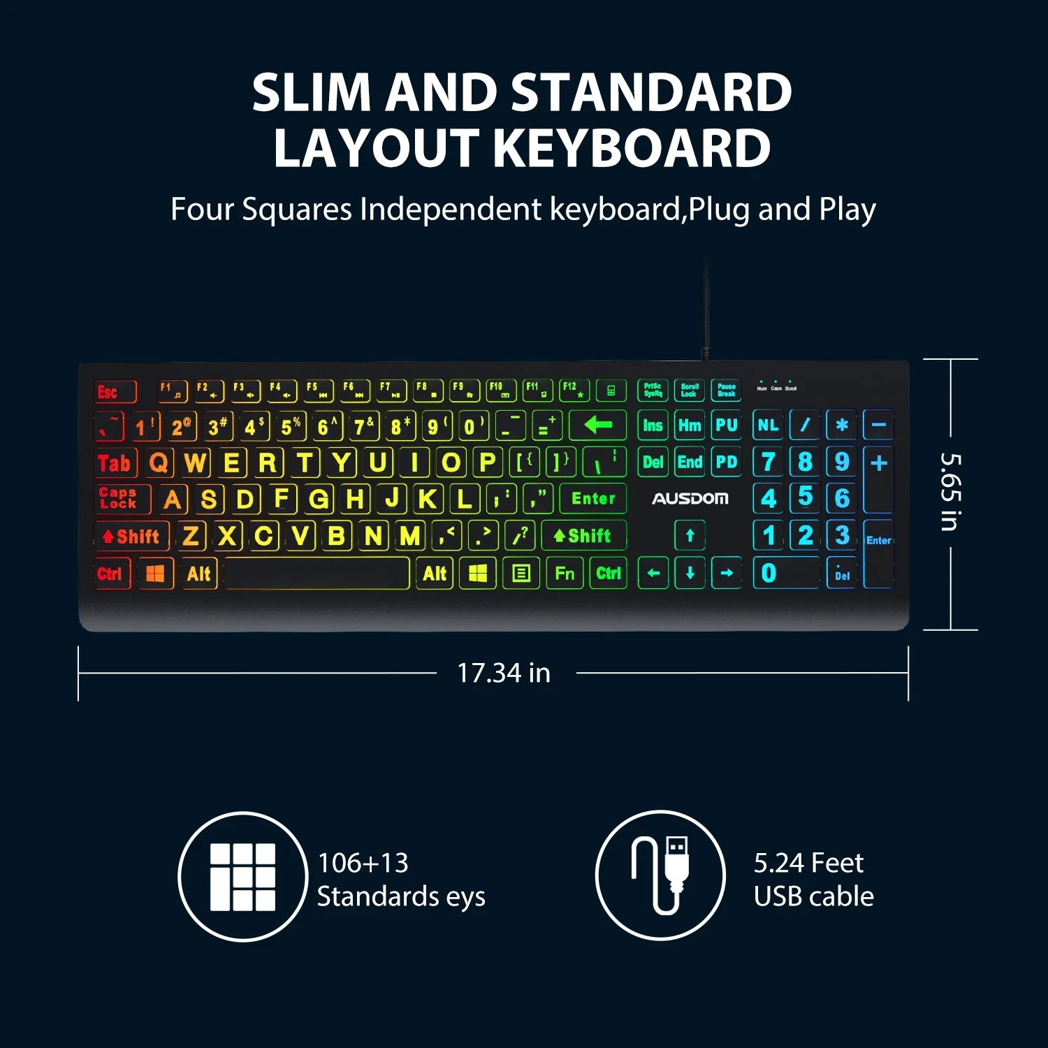 Large Print Backlit Computer Keyboard,Quiet Wired USB Full Size Keyboard,Oversize Letters Keys Easy to See and Type,Black