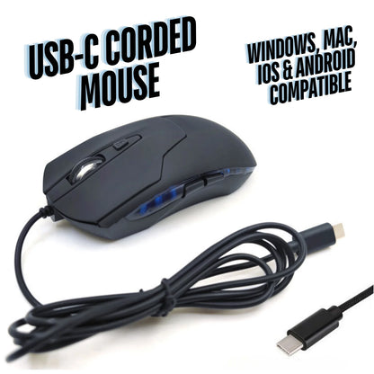 CBUS Wired USB C Mouse, 6-Button Quiet Click Computer Mouse - 4 DPI Speeds, Ergonomic, LED Backlight - Compatible with Mac, Chromebook, HP, DELL XPS, ASUS, Surface, Silent Gaming Mouse Type-C Wired