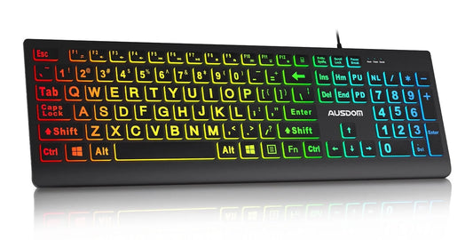 Large Print Backlit Computer Keyboard,Quiet Wired USB Full Size Keyboard,Oversize Letters Keys Easy to See and Type,Black