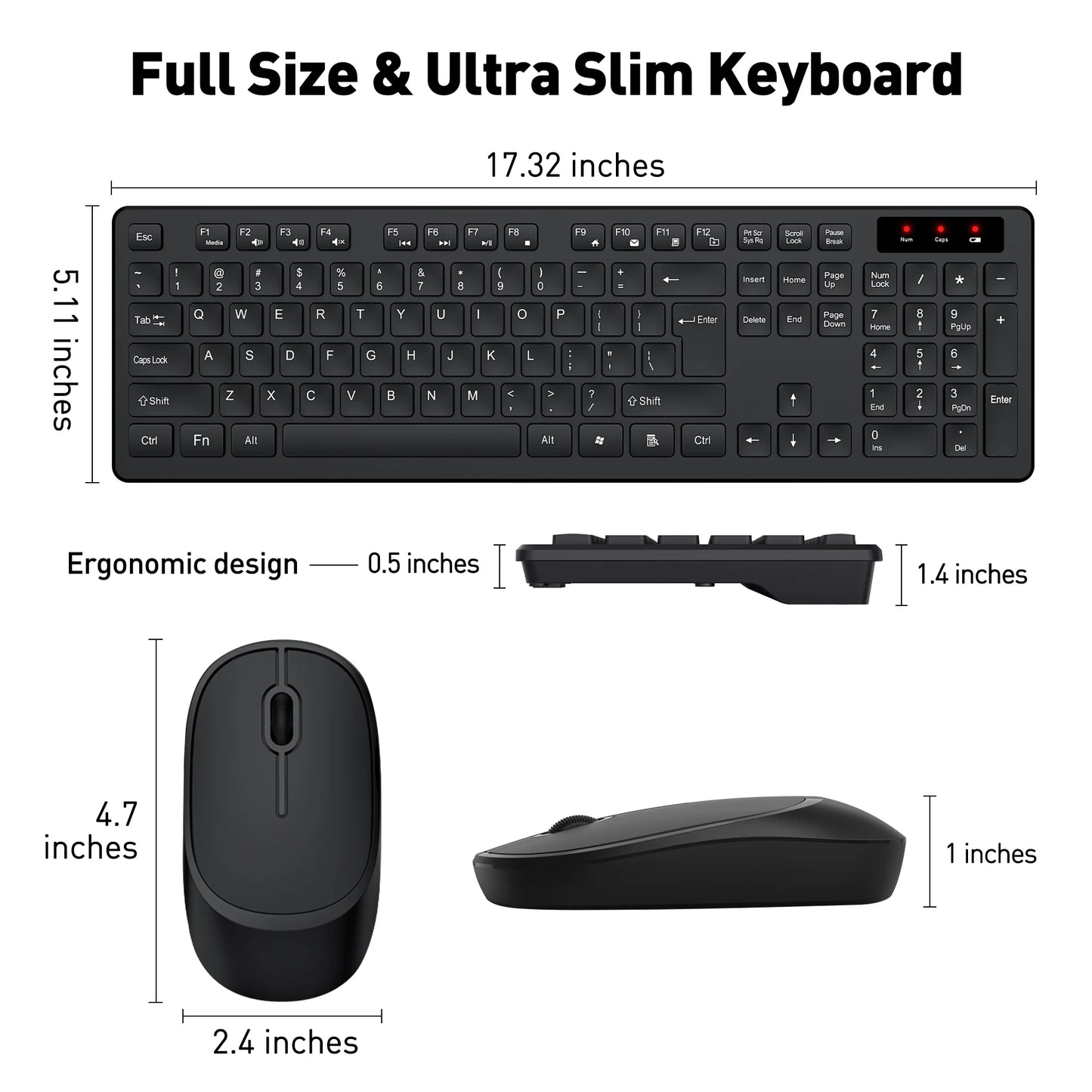 Wireless Keyboard and Mouse Combo - Ergonomic Silent Design, 12 Shortcut Keys, 2.4Ghz Full-Sized for Windows/Mac/Pc/Laptop, Black