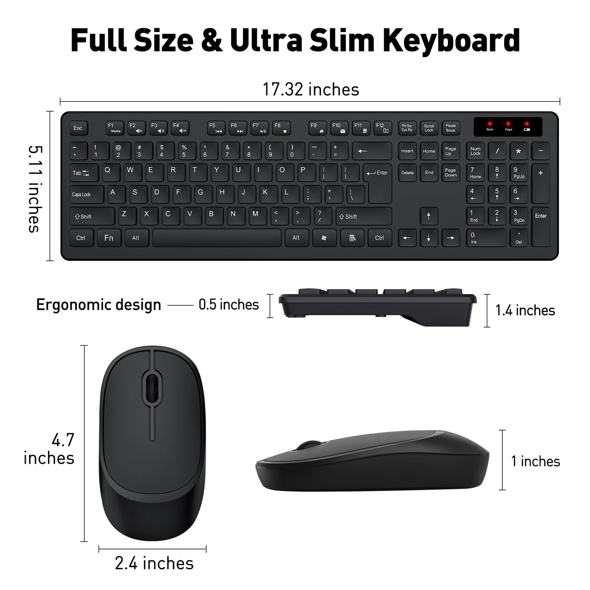 Wireless Keyboard and Mouse Combo - Ergonomic Silent Design, 12 Shortcut Keys, 2.4Ghz Full-Sized for Windows/Mac/Pc/Laptop, Black