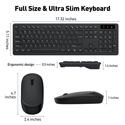 Wireless Keyboard and Mouse Combo - Ergonomic Silent Design, 12 Shortcut Keys, 2.4Ghz Full-Sized for Windows/Mac/Pc/Laptop, Black