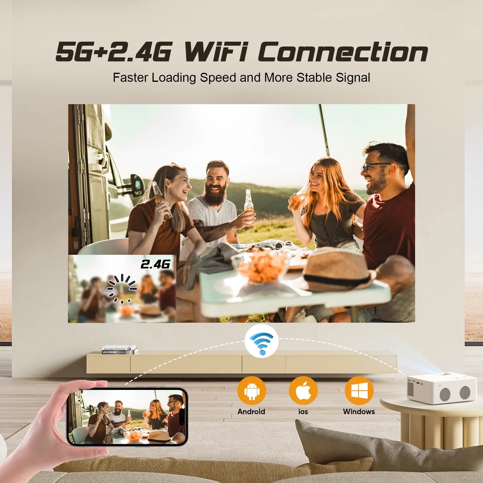 Mini Projector with Wifi and Bluetooth, 9500LM Portable Home Theater Projector with Screen ,1080P 250"Display Supported