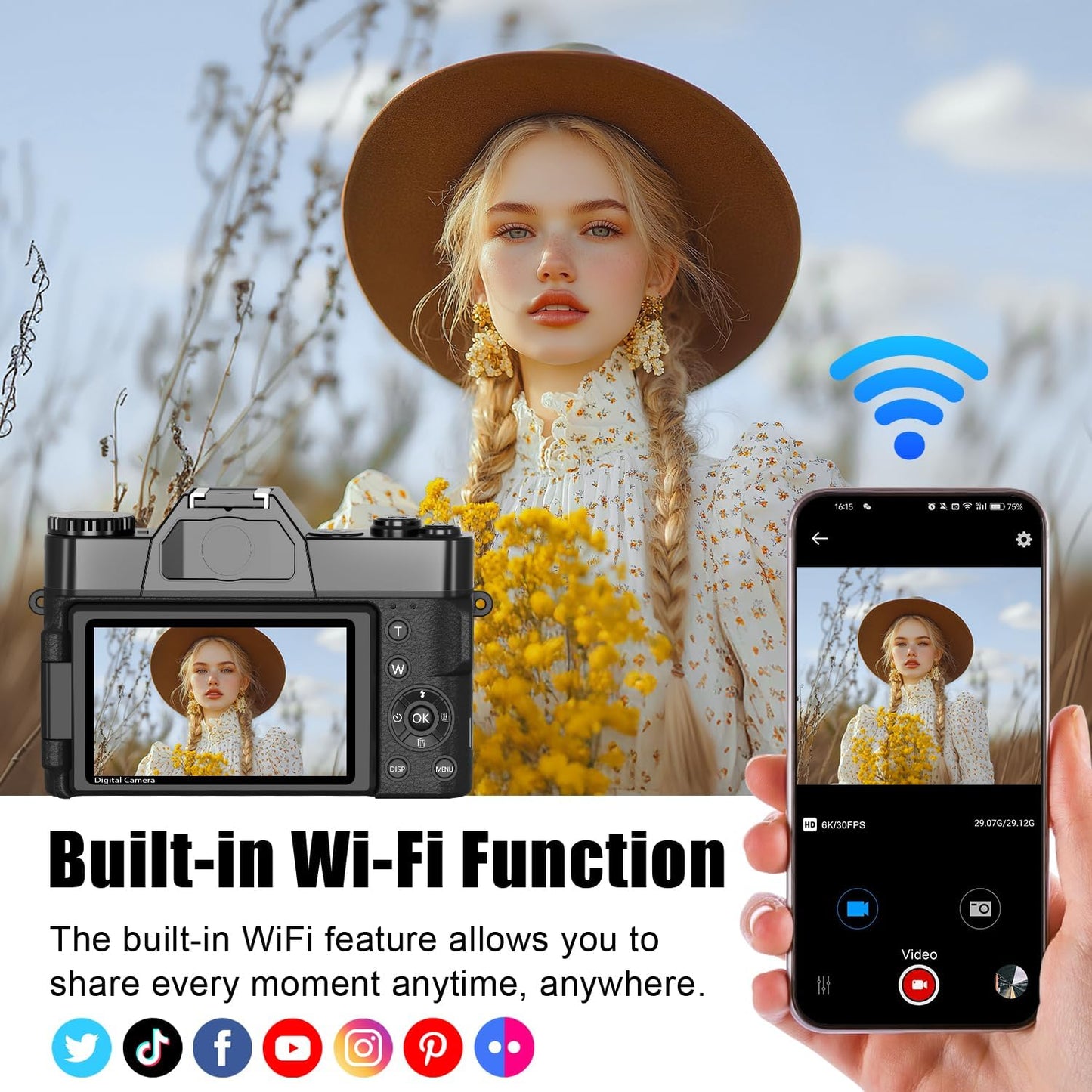 6K Digital Camera for Photography, 64MP Vlogging Camera for Youtube with 3" 180° Flip Screen, 16X Zoom Autofocus Compact Travel Beauty Cameras for Teens, with 32GB Micro SD Card