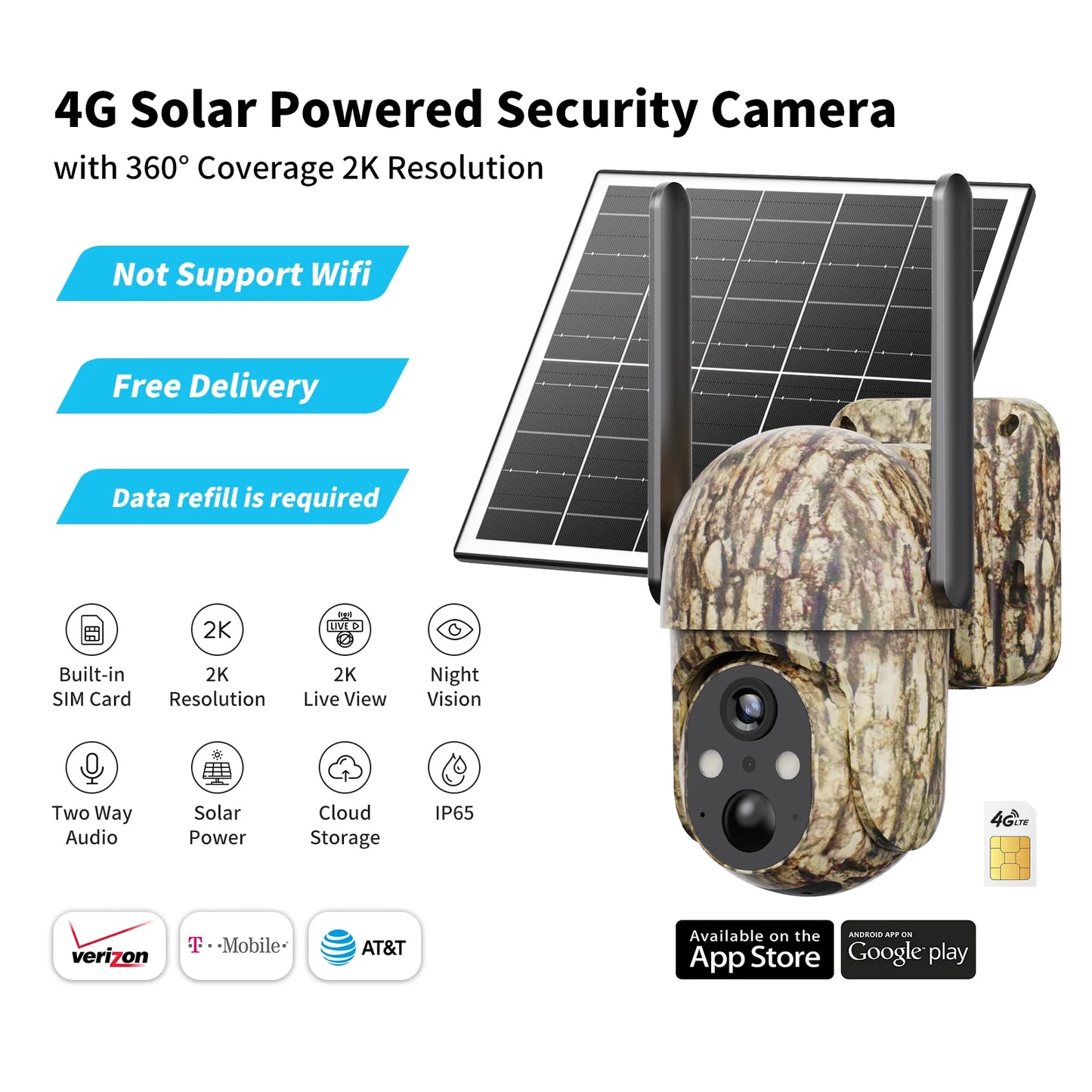 4G LTE Solar Cellular Trail Camera, 2K HD Wildlife Deer Game Hunting Camera with Color Night Vision, PIR Motion Detection, 360° PTZ View, Outdoor Security