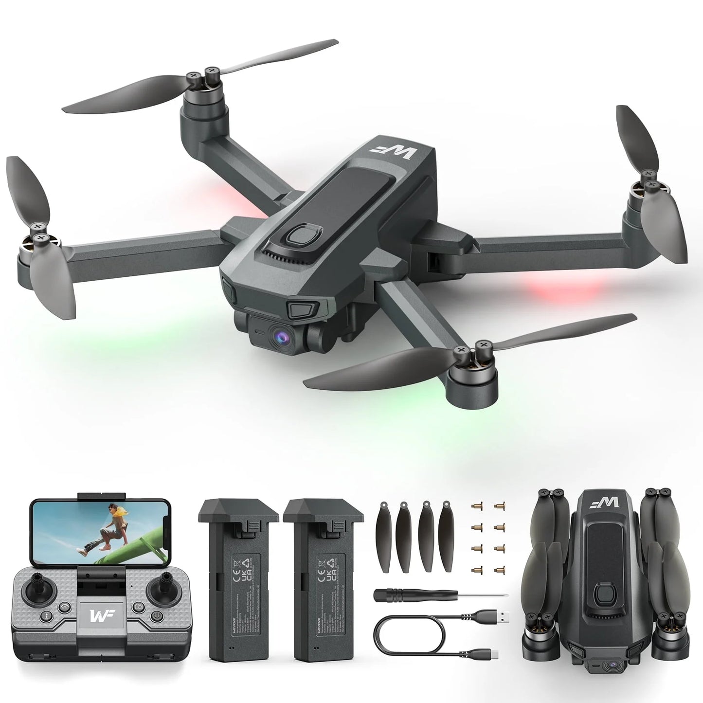 WF20 Drone with Camera for Kids 1080P FPV Dron Toys with Brushless Motor, 2 Batteries, Black