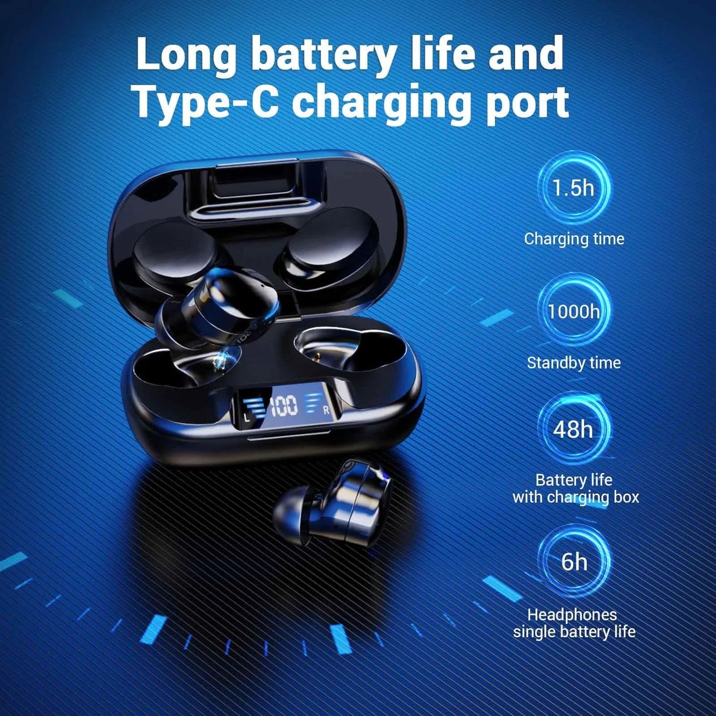 Wireless Earbuds, Bluetooth Headphones 5.3 Hifi Stereo Earphones, 48H Playtime, Bluetooth Earbud with Touch Control, IPX7 Waterproof Earphones Sport Headset for Android Ios,Black