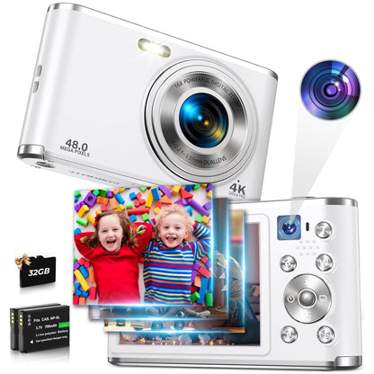 4K Digital Camera with Autofocus Front and Rear Cameras with 32GB Card 48MP Vlogging Camera for Youtube,White