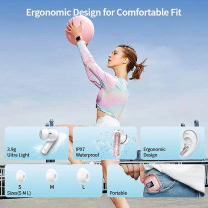 Wireless Noise Cancelling Earbuds Bluetooth 5.4 Headphones with Mic Deep Bass Stereo, 38H Playtime, LED Display, IPX7 Waterproof Sports Workout in Ear Buds for Iphone Android, Rose Gold