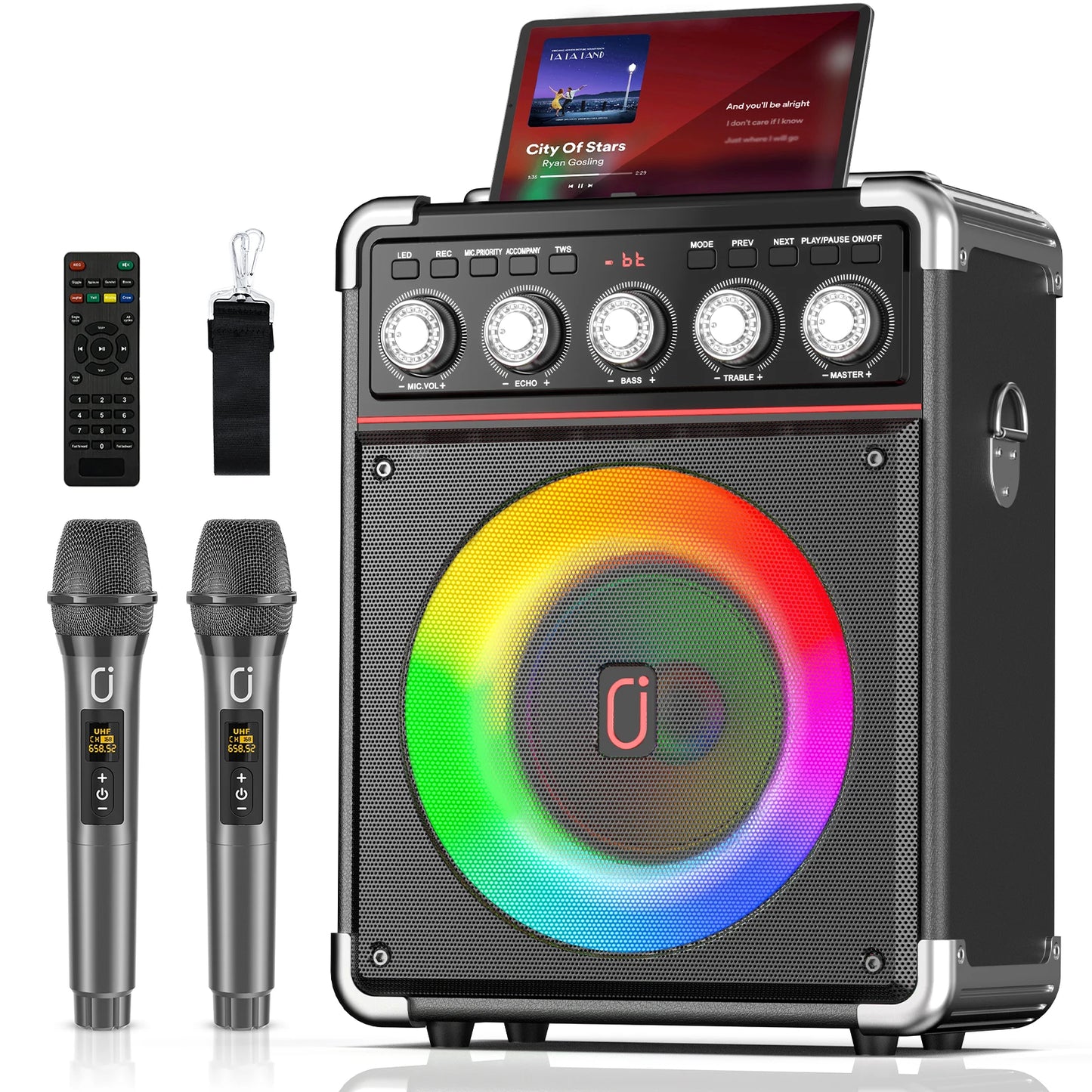Karaoke Speaker, Bluetooth Speaker with 2 Microphones and LED Light, Portable Wireless Speaker, Outdoor Party Speaker