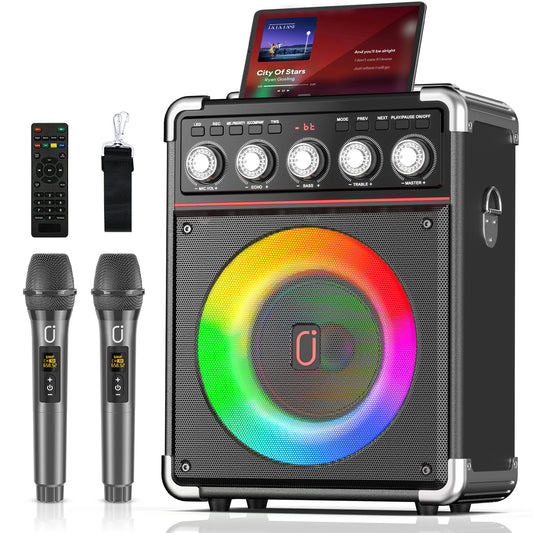 Karaoke Speaker, Bluetooth Speaker with 2 Microphones and LED Light, Portable Wireless Speaker, Outdoor Party Speaker