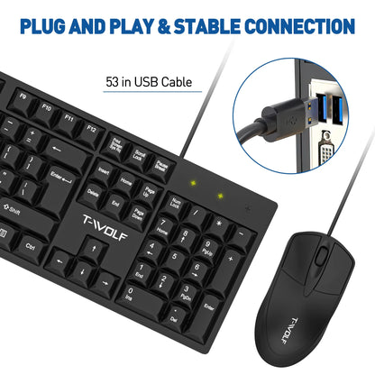 Wired USB Keyboard & Mouse Combo with 12 Shortcut Keys, Full-Size Ergonomic Silent Design, Optical Mouse for Windows/Mac Desktop, Laptop, PC, Black