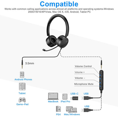 (2 Pack)  USB Office Computer Headset with In-Line Volume Control Noise Cancelling Microphone