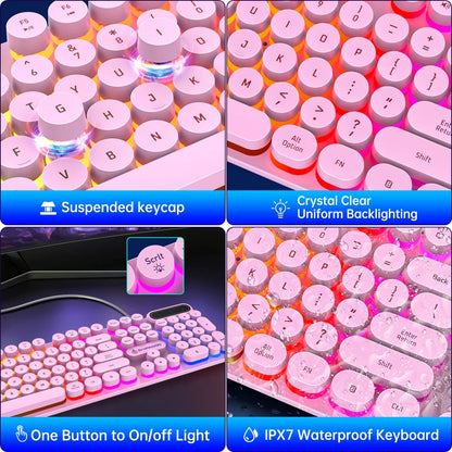 Wired Keyboard & Mouse Combo, Retro Punk RGB Backlit Gaming Keyboard and Mouse W/Multimedia and Shortcut Keys, PC Gaming Keyboard, Office Keyboard for Working or Primer Gaming, Office Device, Pink