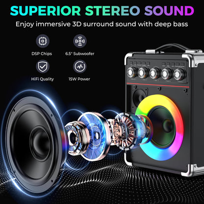 Karaoke Speaker, Bluetooth Speaker with 2 Microphones and LED Light, Portable Wireless Speaker, Outdoor Party Speaker