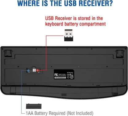 Wireless Keyboard, 2.4G Ergonomic Full Size Wireless Computer Keyboard with Wrist Rest for Windows, Mac OS Desktop/Laptop/Pc（Black）