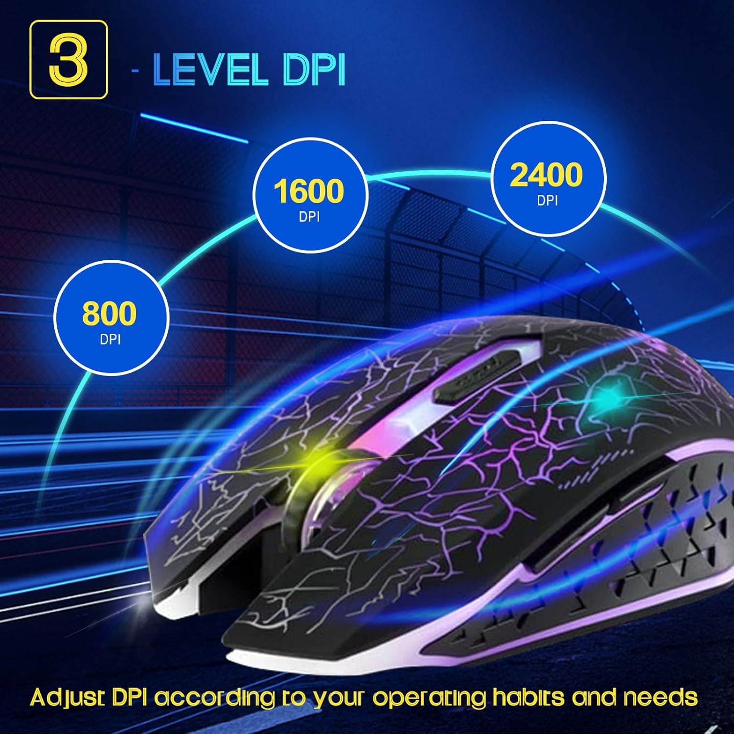 C10 Wireless Gaming Mouse Rechargeable Silent Optical Mice 7 Colors LED Lights, 7 Buttons 2400/1600/800DPI (Black)