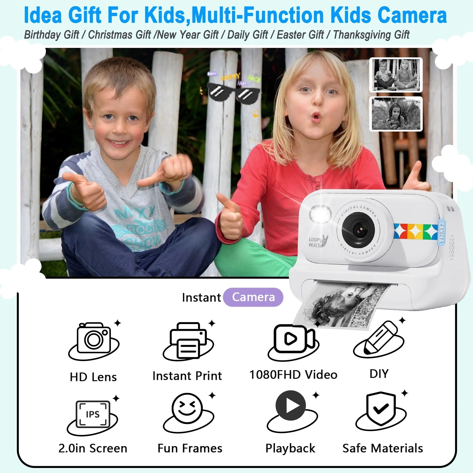 Instant Print Camera, 3 in 1 Photo/Video/Printing HD 1080P Digital Camera with Print Paper & 32G TF Card, Selfie Video Camera Toddler Portable Travel Camera for Boys & Girls