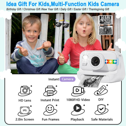 Instant Print Camera, 3 in 1 Photo/Video/Printing HD 1080P Digital Camera with Print Paper & 32G TF Card, Selfie Video Camera Toddler Portable Travel Camera for Boys & Girls