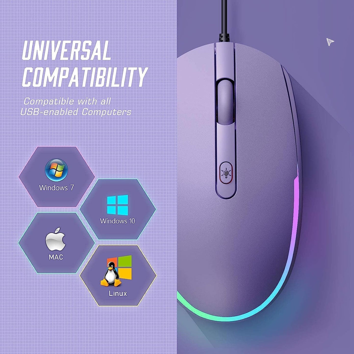 Wired Mouse - USB Computer Mouse with RGB Backlit Optical LED, Attached USB Cord for Laptops, Notebooks, Chromebook - Purple